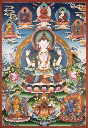 Avalokiteshvara Chengrezig Flanked By Mahakala And Other Bodhisattvas | Bodhisattva of Compassion